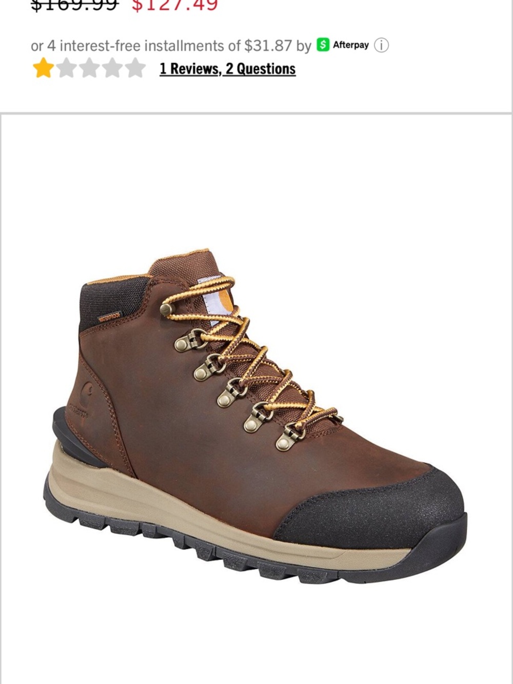 Carhartt Gilmore Men’s Brown Waterproof Alloy Toe Work Hiker Boots - Picture 3 of 3